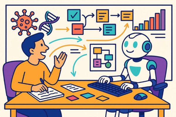 Cartoon-style illustration of a human and a robot working together at a desk, with a whiteboard behind them showing DNA, a virus, flowcharts, and data charts. Arrows connect the human’s ideas to the robot and the final written content, symbolizing AI-assisted science writing.