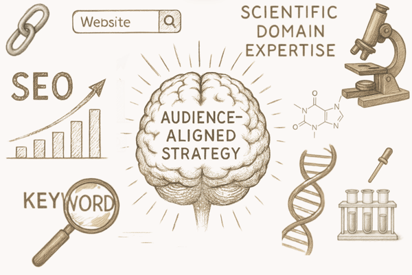 Illustration of a brain labeled ‘Audience-Aligned Strategy,’ surrounded by pencil-drawn SEO and science symbols, representing the intersection of search optimization and domain expertise.