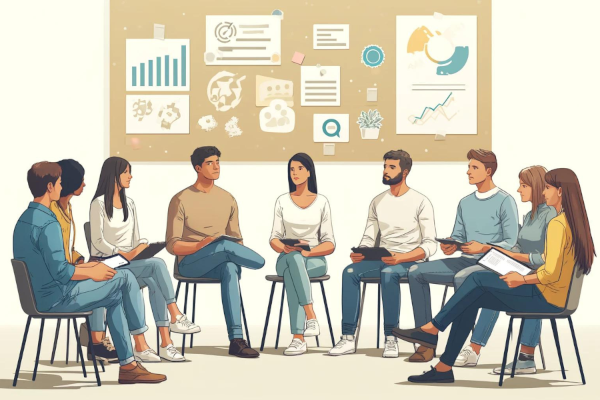 Ai generated drawing of a business discussion situation: people sitting in a half circle, with a blackboard in the background showing graphs. 